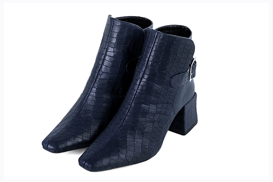 Navy blue women's booties, with buckles at the back. Square toe. Medium block heels - Florence KOOIJMAN